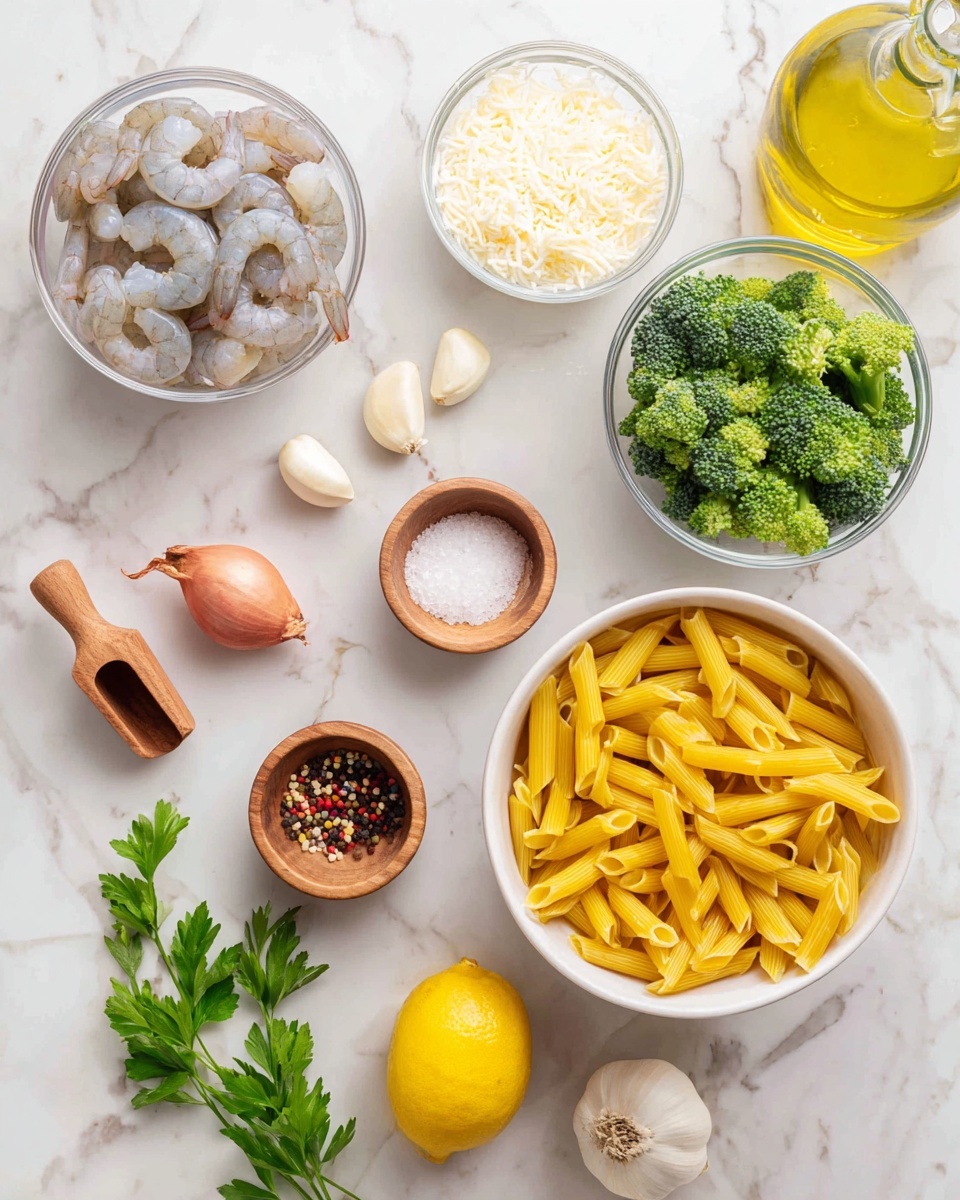 The image shows raw ingredients arranged neatly on a white marbled surface. In the bottom right corner, a large white bowl is filled with uncooked yellow penne pasta. Above it, a small clear bowl holds grated white cheese with a soft texture. To the left, another clear bowl contains raw peeled shrimp with a light gray and white color. Next to it, a clear bowl of fresh green broccoli florets with textured tops is visible. Two wooden bowls with small wooden scoops rest near the center, one filled with coarse white salt and the other with mixed colorful peppercorns. A whole lemon with a bright yellow rind lies below the cheese. A single shallot with reddish skin is placed near the center. At the top left, a small white dish holds two white garlic cloves, and a few sprigs of fresh green parsley rest near it. In the top right corner, a glass bottle filled with golden olive oil completes the scene. Photo taken with an iphone --ar 4:5 --v 7