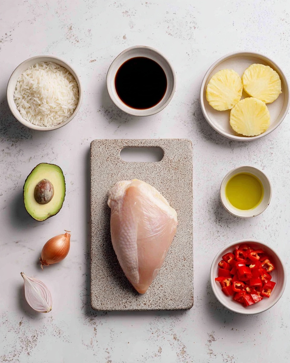 The image shows a raw chicken piece placed in the center on a small rectangular stone board with a handle, sitting on a white marbled surface. Around it are six small white bowls: top left with white rice, middle left with a dark liquid sauce, bottom left with another darker liquid, top right with three round slices of pineapple, middle right with half an avocado seed removed showing green flesh, and bottom right with bright red chopped bell peppers. A small halved shallot rests near the bottom left bowl. photo taken with an iphone --ar 4:5 --v 7