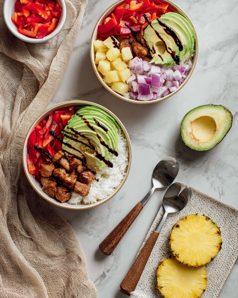 Two round white bowls hold similar layered food placed on a white marbled surface. Each bowl shows four main layers in separate sections: bright red chopped bell peppers, light yellow pineapple chunks, small diced purple onion, and white rice. On top of the rice, small brown cooked meat pieces rest. One bowl has bright green avocado slices over the bell peppers, drizzled with dark balsamic glaze. Next to them is half an avocado with the seed removed, placed on a beige cloth. A small white bowl holds more chopped red bell peppers. Two metal utensils with wooden handles lie on the marbled surface near the bowls. Near the bottom right, three rings of pineapple sit on a textured light gray rectangular plate. The photo taken with an iphone --ar 4:5 --v 7