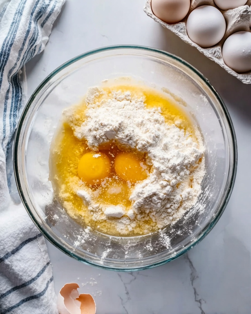 A clear glass bowl sitting on a white marbled surface holds a mixture of raw ingredients. Inside the bowl, there are three cracked eggs with bright yellow yolks mostly intact, surrounded by white flour piled in small mounds on top. The texture of the flour is powdery, contrasting with the smooth, shiny eggs. Nearby, a white cloth with blue stripes is partially visible on the left side, and a white carton of eggs with some unbroken white eggs is placed in the upper right corner. A woman's hand, only partially visible, is on the bottom edge, possibly holding the bowl. Photo taken with an iphone --ar 4:5 --v 7