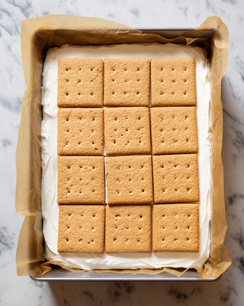 A rectangular baking pan lined with parchment paper holds a layered dessert. The bottom layer is not visible, but the top layer is smooth and white, likely a creamy filling. On top of the white layer, there is a grid of fifteen square, light brown graham crackers arranged neatly in three rows and five columns, with slight cracks and varying textures on some crackers. The background surface is a white marbled texture. photo taken with an iphone --ar 4:5 --v 7