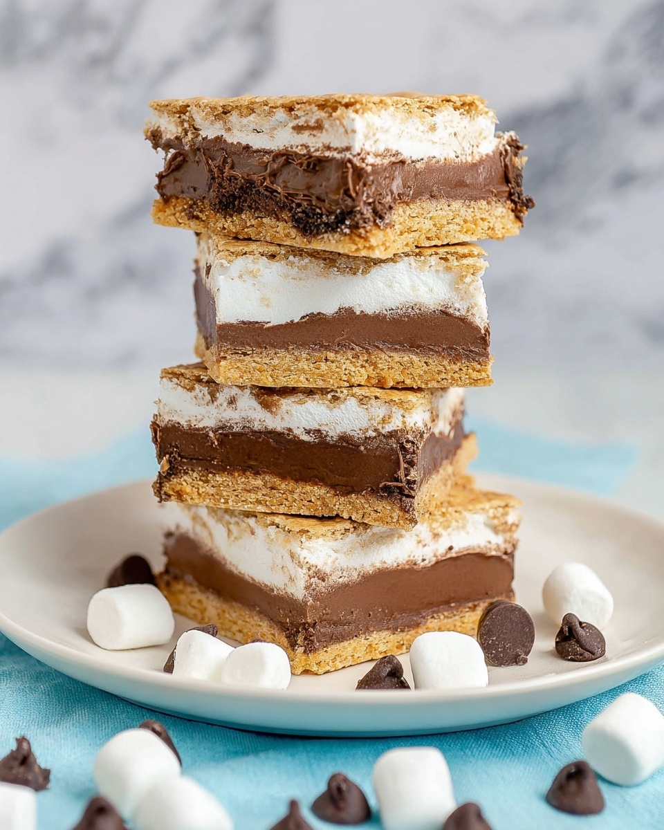 A stack of four layered s'mores squares balanced on a white plate on a light blue cloth, each square showing three layers: a bottom golden brown cracker base, a middle thick layer of rich chocolate brown filling, and a top creamy white marshmallow layer that looks soft and slightly melting. Around the plate, there are scattered small white marshmallows and glossy dark chocolate chips. The background is a white marbled texture, giving a clean, bright look. photo taken with an iphone --ar 4:5 --v 7