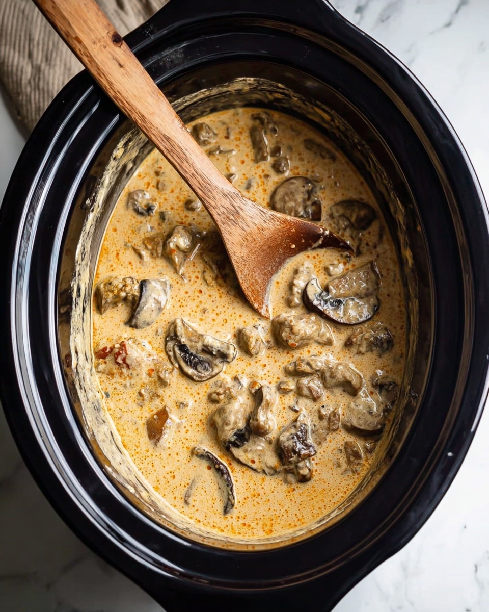 A black slow cooker filled with a creamy sauce that is light tan in color with hints of orange, containing slices of dark brown mushrooms and chunks of cooked meat in the sauce, with a long wooden spoon resting inside, partially submerged and coated with the sauce. The slow cooker sits on a white marbled surface photo taken with an iphone --ar 4:5 --v 7