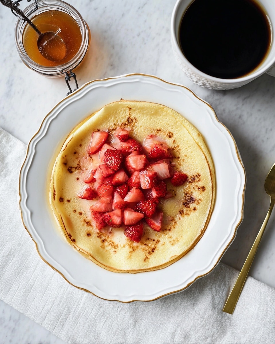 A single layer of light golden pancake with a smooth texture and slightly browned spots sits in the middle of a white plate with scalloped edges and a thin gold rim; on top of the pancake is a heap of bright red strawberry pieces, some showing white flesh, arranged loosely in the center; near the plate, there is a small clear jar of honey on the left and a black cup filled with dark black coffee on the right, placed on a white marbled surface; a gold spoon rests on a white cloth napkin to the left of the plate photo taken with an iphone --ar 4:5 --v 7
