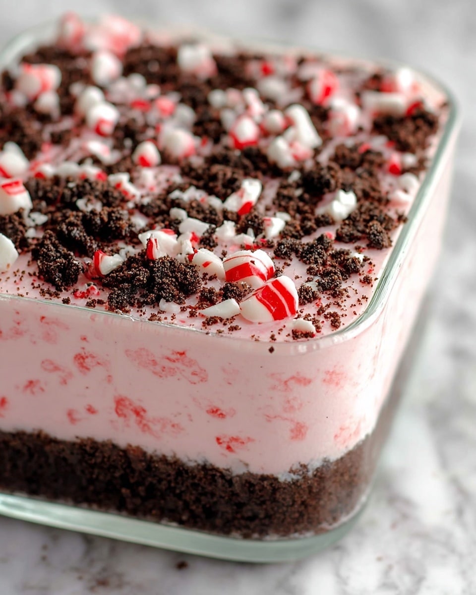 The image shows a dessert in a clear glass container with three visible layers: the bottom layer is a dark brown crumbly crust; the middle layer is a thick, light pink creamy filling with small red bits mixed inside; the top layer is covered with dark brown crumbs and scattered white and red crushed peppermint pieces, creating a textured and colorful topping. The background has a white marbled texture. Photo taken with an iphone --ar 4:5 --v 7