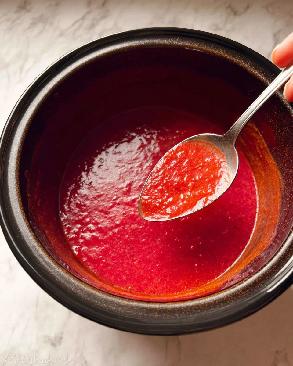 A close-up image of a red slow cooker filled with thick, smooth bright red sauce or soup, with visible small bits giving it texture. A metal spoon with a glossy surface is partially dipped in the sauce, held by a woman's hand just out of frame. The slow cooker has a black rim and the pot's body continues deep with this rich red liquid. The slow cooker sits on a white marbled textured surface with a slight reflection. Photo taken with an iphone --ar 4:5 --v 7