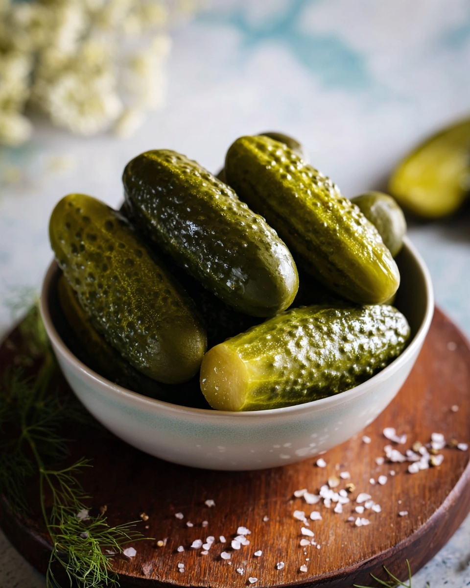 A white bowl filled with seven whole pickles stacked closely together, showing their bumpy, dark green skin with a slight shine; one pickle is cut at the end revealing a pale green interior. The bowl sits on a round wooden board with some salt grains and dill flowers scattered around. The background is out of focus, with a white marbled texture and some blurred floral elements. Photo taken with an iphone --ar 4:5 --v 7