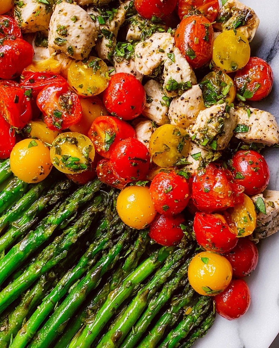 The image shows a close-up of a dish with two main layers on a white marbled surface. On the bottom layer, there is a pile of bright green asparagus spears, shiny with a light coating of oil, and scattered with halved small yellow and red tomatoes. Above this, there is a layer of small pieces of light-colored cooked chicken mixed with herb seasoning, also accompanied by halved red and yellow tomatoes. The textures are fresh and glossy, and the colors are vibrant with green, yellow, red, and creamy white tones. photo taken with an iphone --ar 4:5 --v 7