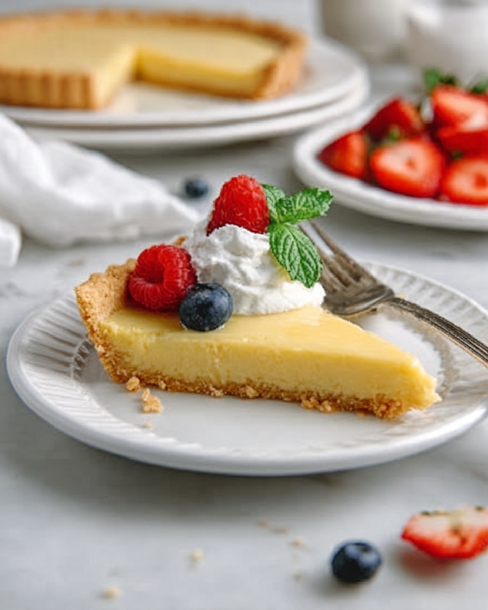 A slice of pale yellow tart with a crumbly golden crust sits on a white plate. The tart is topped with a dollop of white whipped cream, a bright red raspberry, a small green mint leaf, and a dark blue blueberry. In the background, there is a white plate with a whole tart and some scattered red strawberries on a white marbled surface. A silver fork rests beside the slice and a woman's hand is gently touching the plate. Photo taken with an iphone --ar 4:5 --v 7