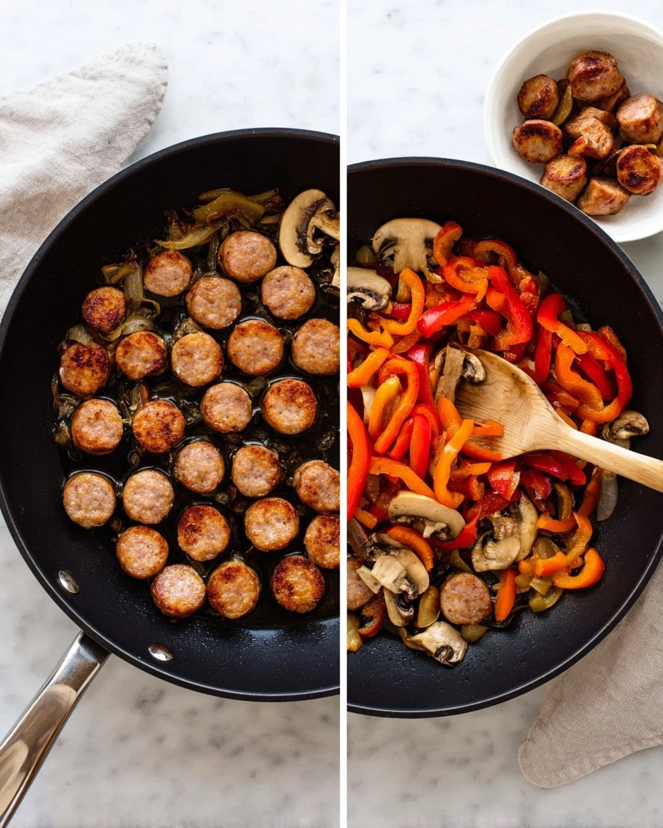 A black pan is placed on a white marbled surface. The pan contains two layers showing a cooking process: the bottom layer has round slices of browned sausage, evenly spread and simmering in a small amount of oil. On top of the sausage slices, the second layer shows sautéed sliced mushrooms and red and orange bell pepper strips, all cooked until soft but still colorful. A wooden spoon rests inside the pan, positioned toward the right side over the vegetables. In the top right corner, a white bowl filled with the browned sausage slices is partially visible. photo taken with an iphone --ar 4:5 --v 7