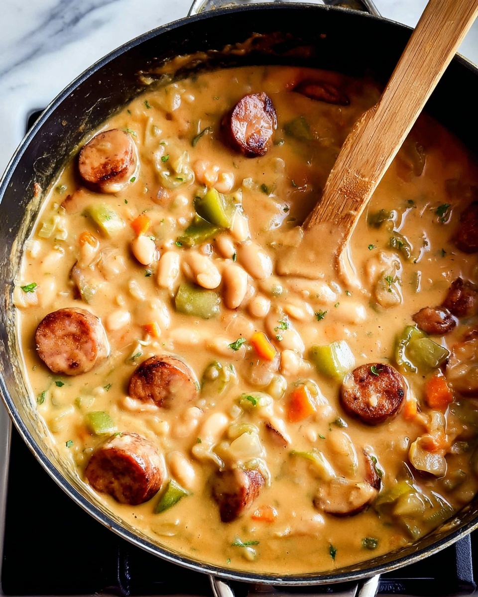 A close-up top view of a black pot filled with a creamy, light brown stew that contains slices of browned sausage, white beans, green bell pepper pieces, and small carrot bits. A light wooden spoon rests diagonally on the right side, touching the food. The stew has a thick and smooth texture with visible chunks of ingredients, all cooking on a stove with a black burner visible underneath. The background and surface are edited to a white marbled texture. photo taken with an iphone --ar 4:5 --v 7