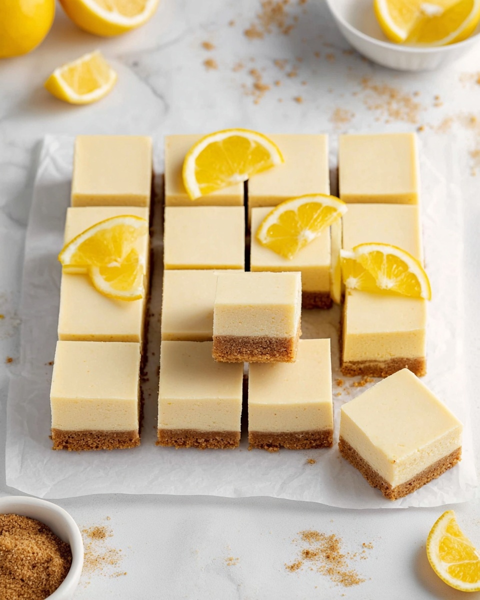 The image shows sixteen smooth, square lemon bars arranged in a 4x4 grid on white parchment paper. Each bar has two layers: a thick, creamy pale yellow top layer and a thinner, crumbly light brown bottom crust. Three of the bars are slightly lifted to reveal the texture of the layers. Three bright yellow lemon slices are placed on top of three separate bars, adding a fresh and colorful touch. The background is a white marbled surface with small crumbs scattered around, and a white bowl with lemon slices and a small white bowl with brown sugar are partially visible near the edges. Photo taken with an iphone --ar 4:5 --v 7
