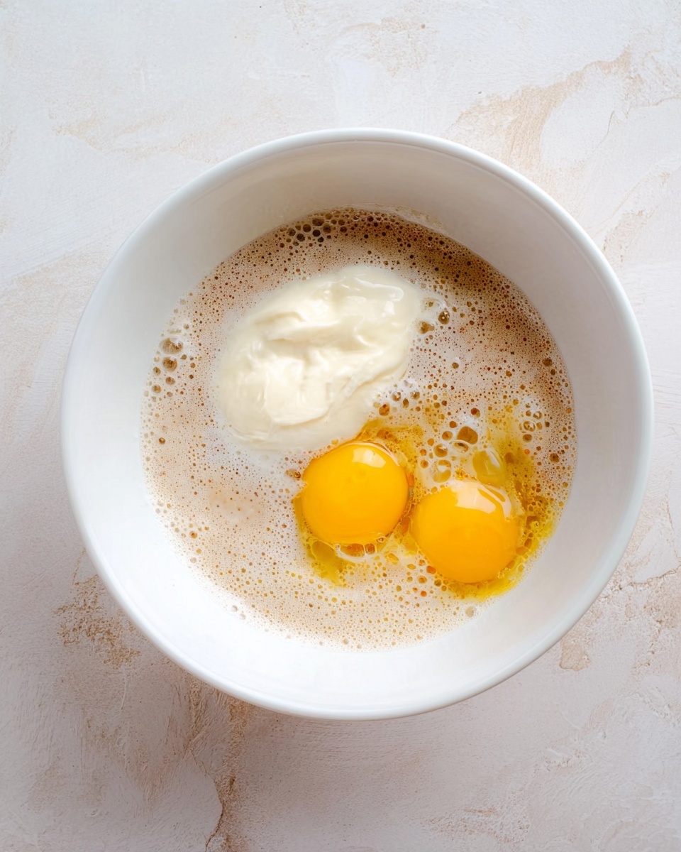 A white bowl is placed on a white marbled surface, containing three layers of ingredients. The bottom layer is a bubbly, light beige mixture with frothy texture. On top of this sits a dollop of creamy white thick substance, slightly to the left. Next to the dollop on the right are two raw egg yolks, bright yellow and smooth, surrounded by clear liquid egg whites. The image captures the fresh and natural state of the ingredients, ready to be mixed. photo taken with an iphone --ar 4:5 --v 7