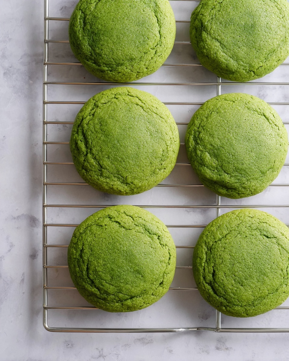 The image shows six round green cookies placed on a silver metal cooling rack. The cookies have a slightly cracked surface with a soft texture and are evenly spaced across the rack. The background is a white marbled texture, making the vibrant green color of the cookies stand out clearly. Photo taken with an iphone --ar 4:5 --v 7