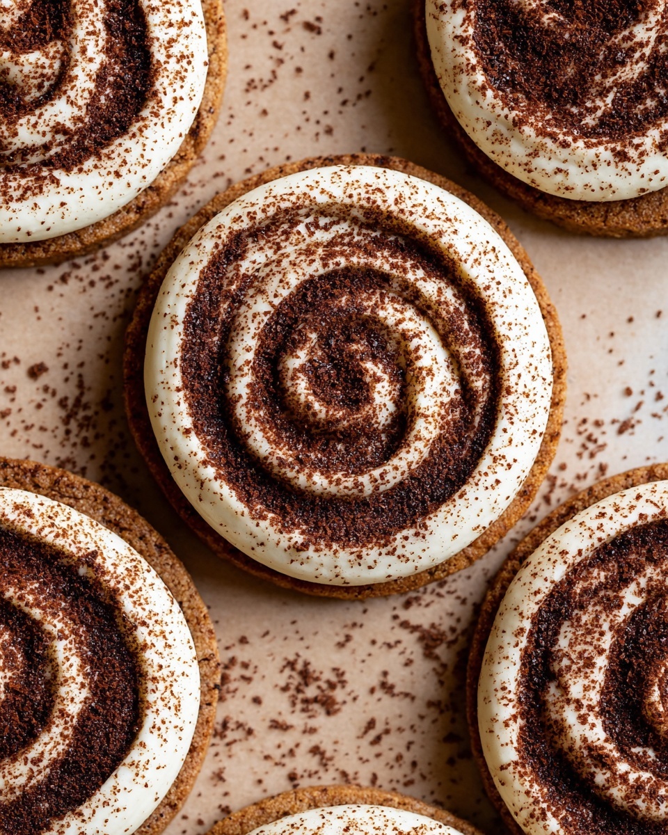 The image shows several round cookies, each with two main layers: a bottom cookie layer that is light brown and slightly rough, and a top layer of creamy white frosting swirled in a spiral pattern. The frosting is dusted with a fine layer of dark brown cocoa powder, which adds texture and contrast over the white cream. The cookies are arranged close together on a light brown surface, with some cocoa powder lightly scattered around them. The image is close up, focusing on the swirled texture of the frosting and the crumbly base of the cookie. photo taken with an iphone --ar 4:5 --v 7