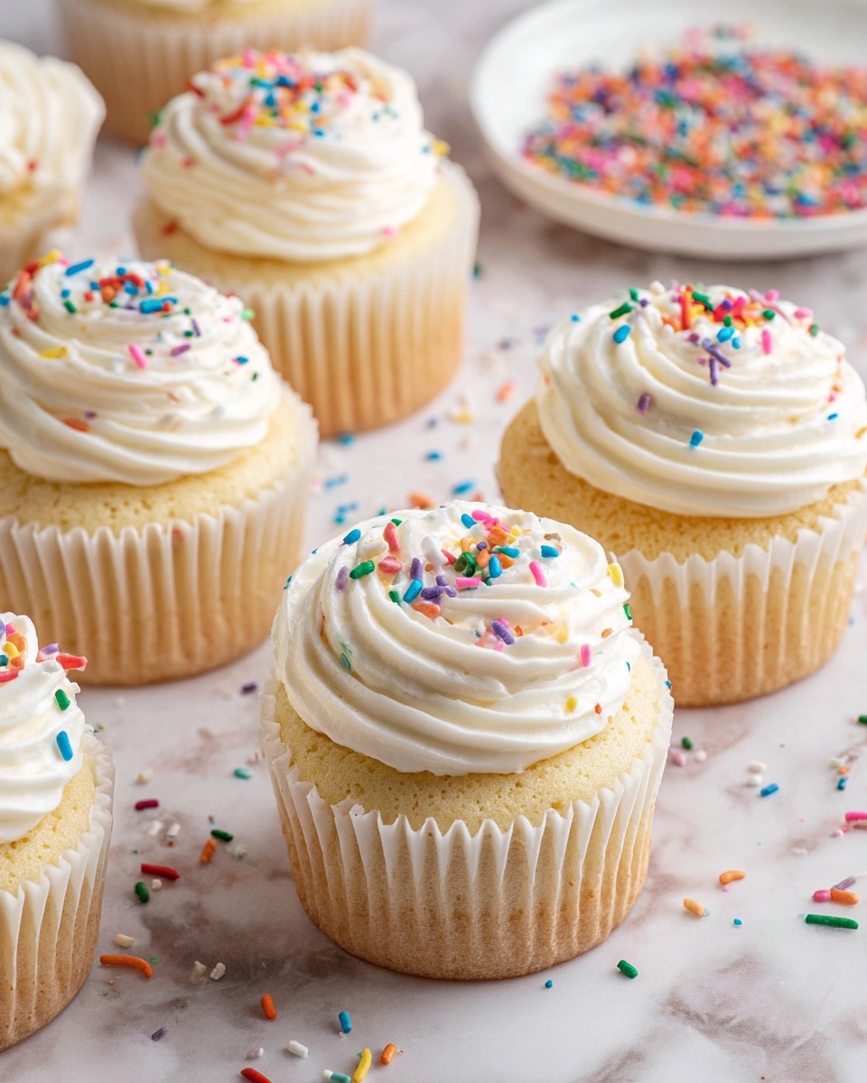 The image shows a group of vanilla cupcakes with two layers each. The base layer is a light golden yellow cake with a soft texture, wrapped in white paper liners. On top, there is a thick layer of white creamy frosting, swirled in a smooth, rounded shape, and each cupcake is sprinkled with small, colorful candy sprinkles in red, blue, green, purple, orange, and white. The cupcakes are placed on a white marbled surface with scattered sprinkles around them. In the background, there is a white plate filled with more colorful sprinkles. Photo taken with an iphone --ar 4:5 --v 7