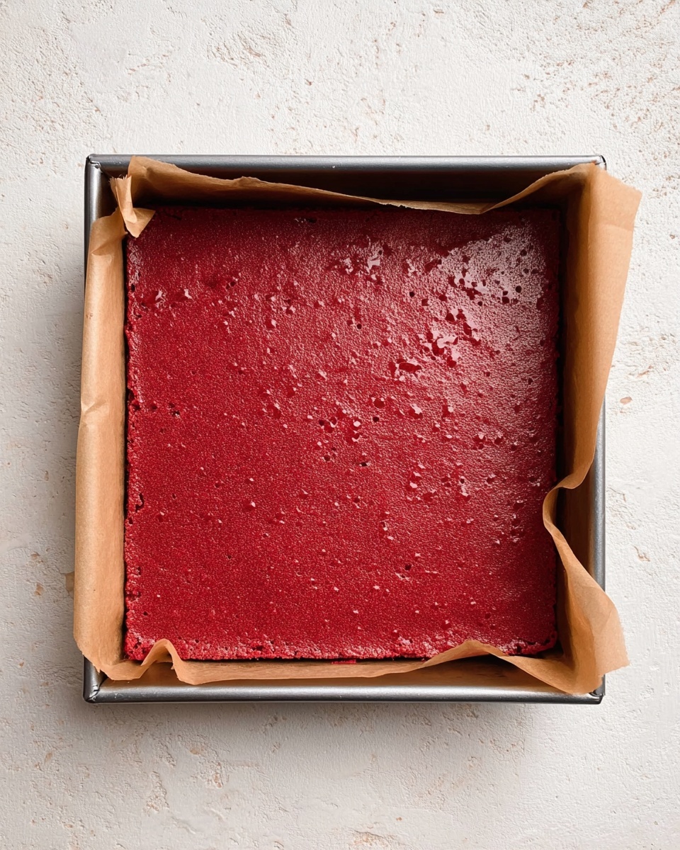 A single layer of red velvet brownie with a cracked, slightly bumpy surface, set inside a square metal baking pan lined with brown parchment paper. The edges of the brownie show a few cracks, and the top texture is matte with some small bubbles. The pan is placed on a white marbled textured surface. photo taken with an iphone --ar 4:5 --v 7