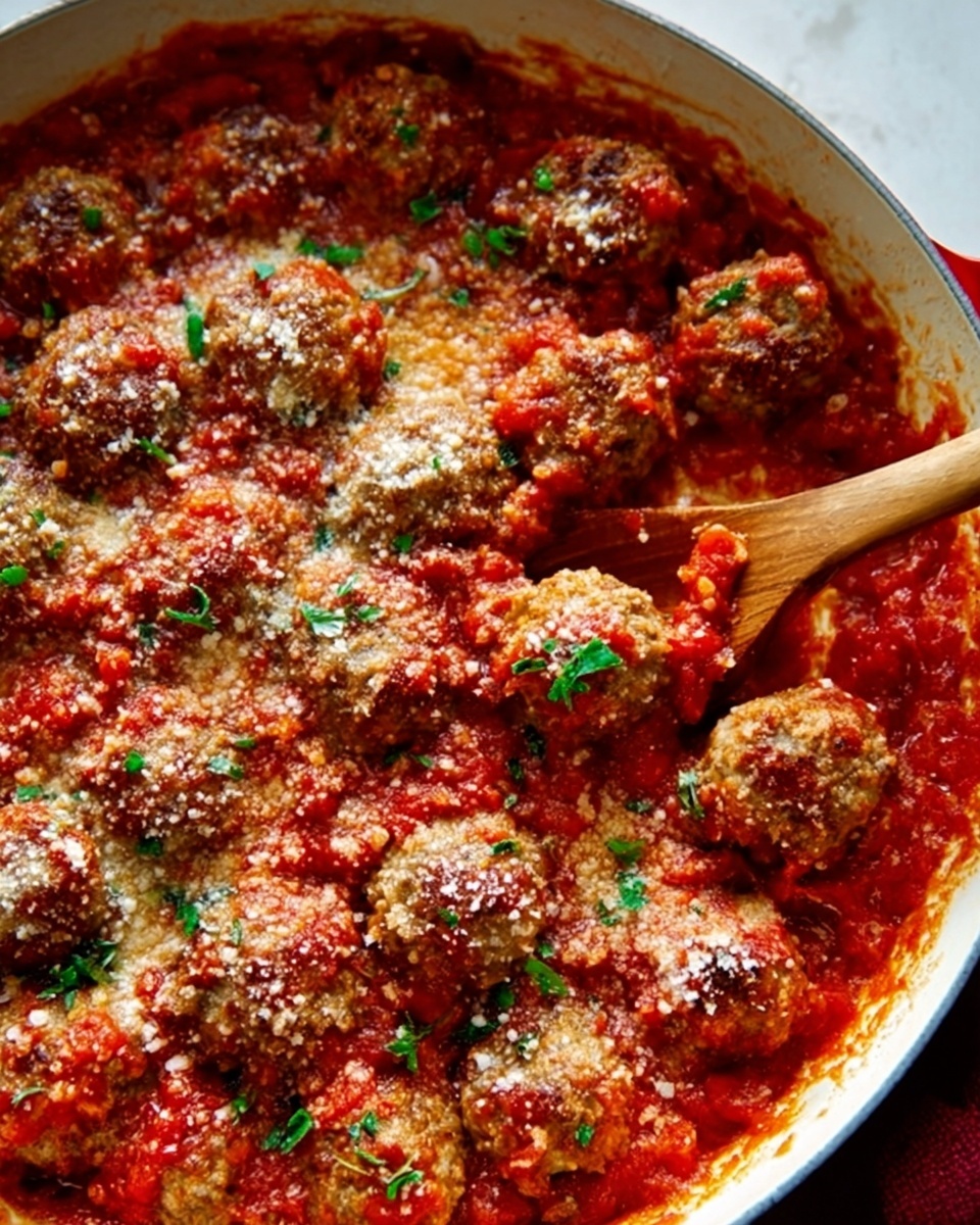 A large white pot with red handles is filled with many round meatballs covered in a thick, bright red tomato sauce. The top layer has a sprinkling of golden brown breadcrumbs and small bits of fresh green herbs scattered evenly over the meatballs. A woman's hand is dipping a piece of green herb focaccia bread into the sauce on the left side of the pot. The pot is placed on a white marbled surface with a white bowl of fresh green salad and a metal spoon blurred in the background on the top right. A metallic fork rests on the surface in the bottom right corner of the image. The lighting is soft and natural, giving the sauce a shiny and appetizing look photo taken with an iphone --ar 4:5 --v 7