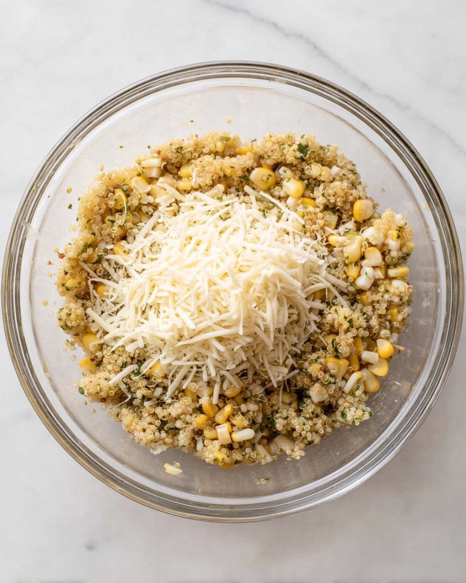 A clear glass bowl sits on a white marbled surface, filled with a textured mixture of yellow and white corn kernels, small green herb pieces, and light beige quinoa. In the center of this mixture, there is a pile of thin, white shredded cheese that contrasts with the grainy and colorful base around it. The bowl is full, showing a mix of soft and slightly chunky elements all blended but still distinct. photo taken with an iphone --ar 4:5 --v 7