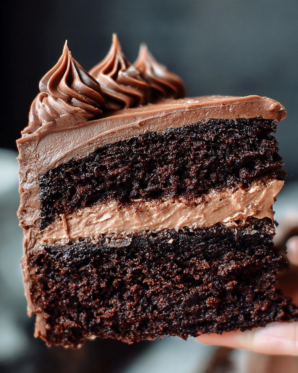 A close-up of a slice of chocolate cake held by a woman's hand with a dark blurred background. The cake has two thick dark chocolate layers with a smooth, lighter chocolate cream filling in the middle. The top layer is frosted with smooth chocolate icing and decorated with three swirls of the same chocolate icing close to the back edge. The texture of the cake looks moist and rich, and the cream looks soft and slightly shiny. The photo was taken on a white marbled surface. photo taken with an iphone --ar 4:5 --v 7