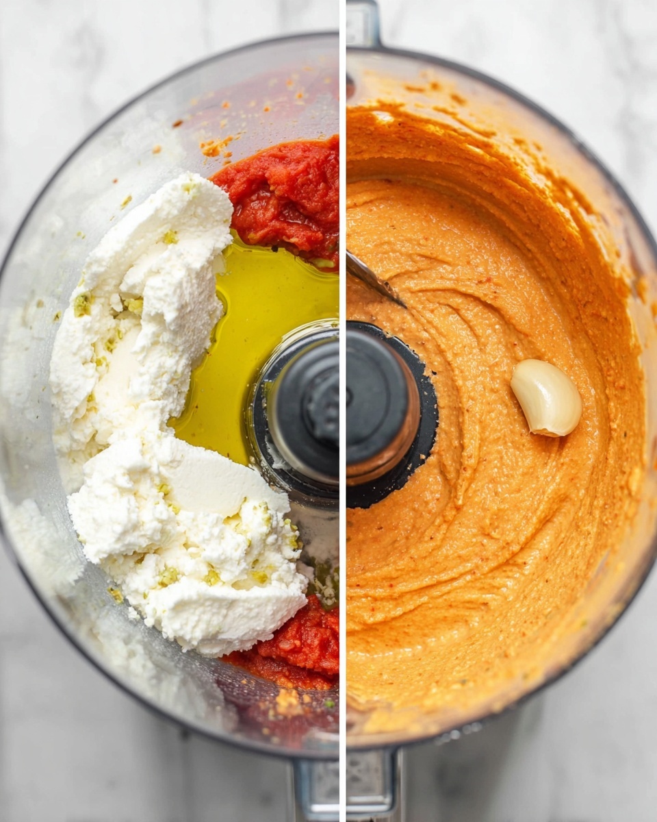 The image is split into two parts showing a clear food processor bowl from above on a white marbled surface. On the left side, there are four layers inside the bowl: a large fluffy white cheese layer on the top left, a bright yellow olive oil layer on the top right, a smooth deep red roasted pepper layer at the bottom, and a small shiny brown garlic clove near the center. On the right side, the same bowl contains a smooth, thick, orange blend of the ingredients with visible small bits and a slightly glossy texture surrounding the black food processor blade in the middle. Photo taken with an iphone --ar 4:5 --v 7
