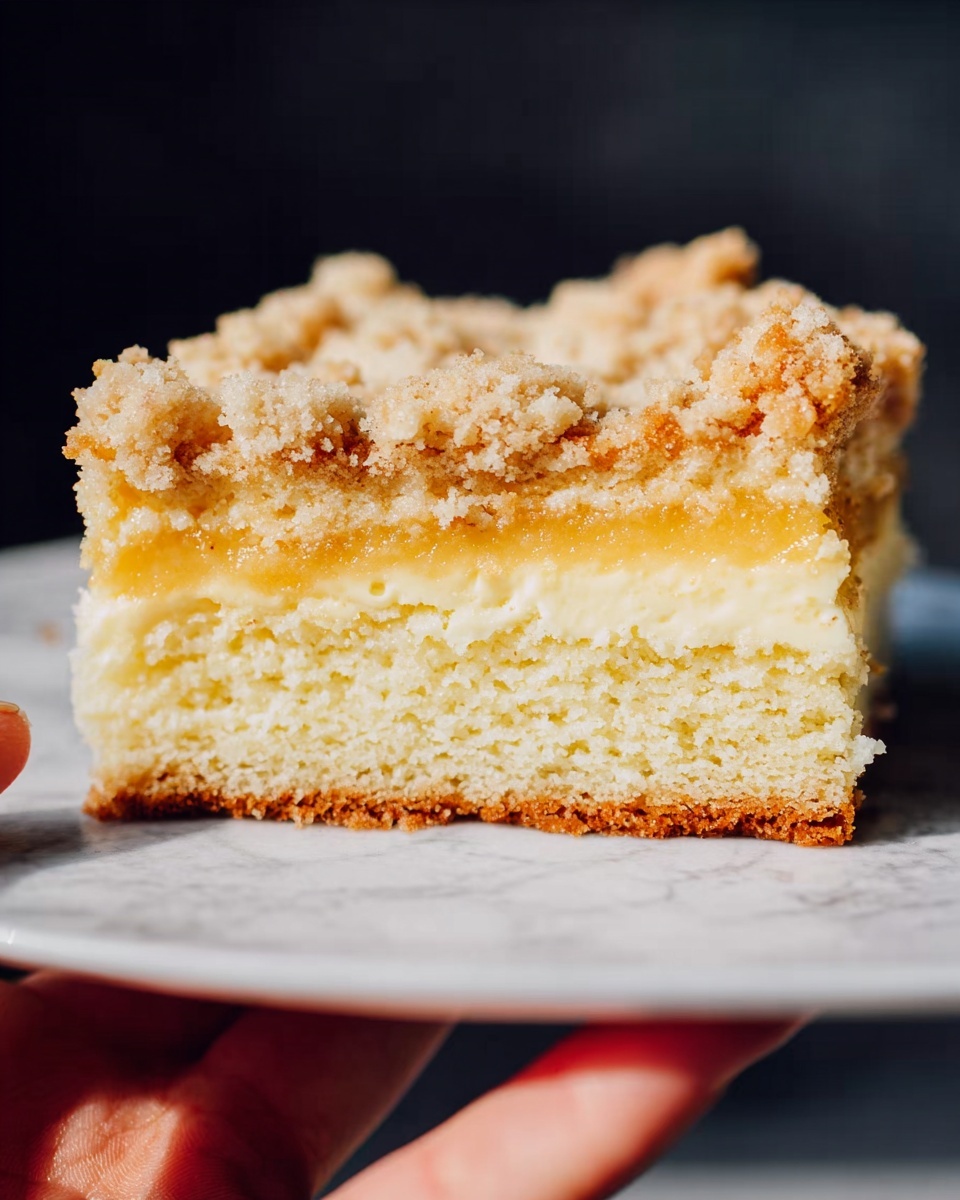 The image shows a close-up of a square piece of dessert with three visible layers. The base layer is thick, light golden brown with a crumbly texture, resting on a white marbled surface. Above it is a bright yellow smooth layer that looks creamy and shiny. The top layer is a crumbly topping, pale beige with some small chunks and a powdered sugar dusting, giving it a soft and rough texture. There are some crumb pieces around the dessert on the surface. The background is softly blurred with a yellow lemon wedge slightly visible. Photo taken with an iphone --ar 4:5 --v 7
