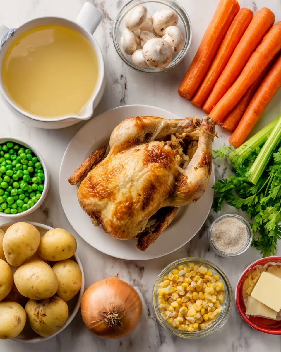A white plate holds a whole cooked chicken with golden brown, crispy skin, placed on a white marbled surface. Around the plate, there are fresh ingredients arranged neatly: bright orange carrots and green celery stalks lying side by side, light brown yellow potatoes, a bunch of green parsley, a large brown onion, and a small square of butter. Nearby, small white mushrooms sit in a clear container. There is a bowl filled with light yellow broth, a red bowl with green peas, a light beige bowl with corn kernels, and a small glass bowl with a white powdery substance. The scene is well-lit and natural, with a clean and fresh aesthetic, photo taken with an iphone --ar 4:5 --v 7