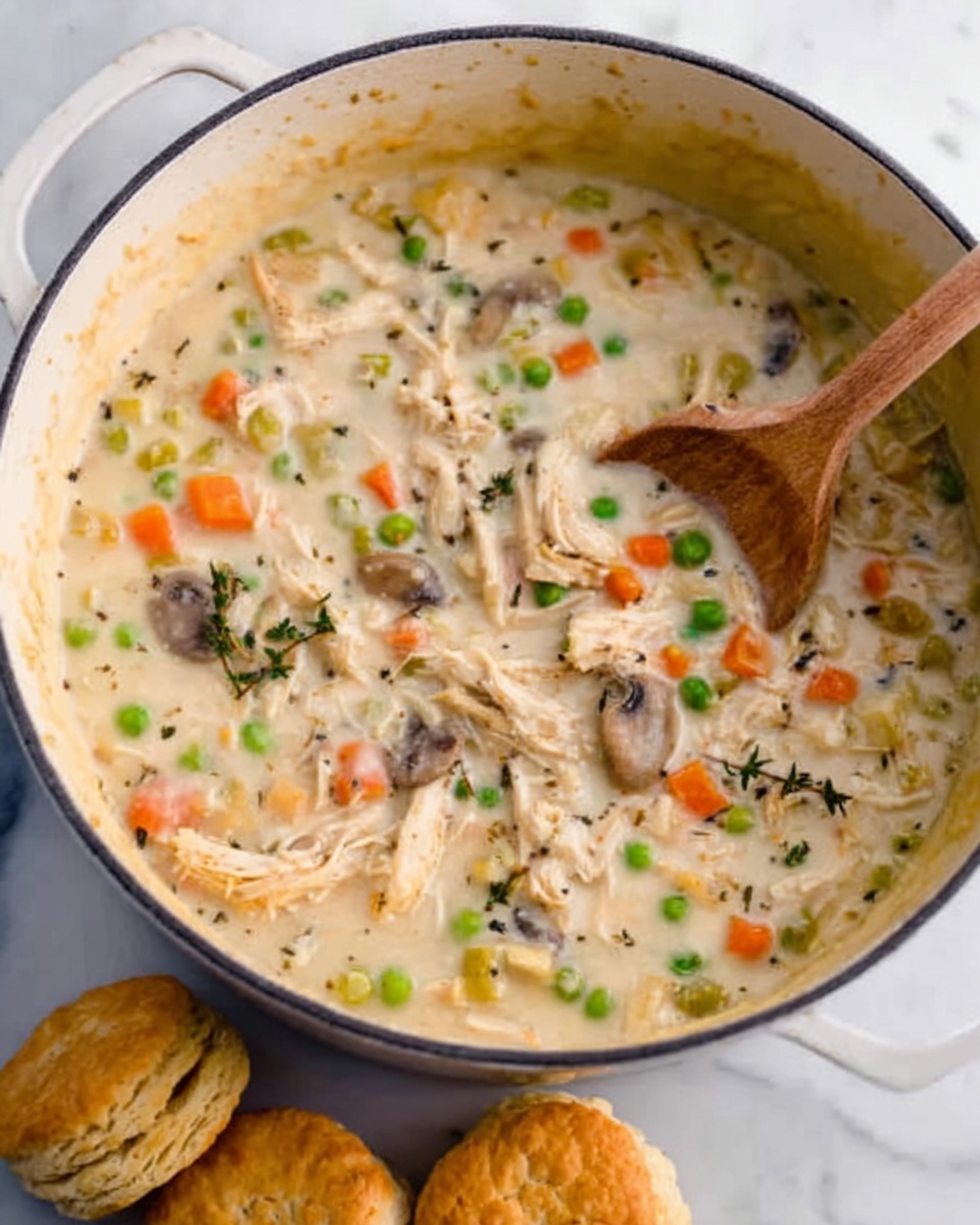 The image shows a close-up of a white pot filled with creamy soup that has clear layers of thick broth, shredded pieces of light beige chicken, and small, diced vegetables in bright colors like orange carrots, green peas, and bits of darker mushrooms scattered evenly throughout. A wooden spoon is dipped into the soup from the top left corner, stirring the contents softly. Around the pot, there are three golden-brown biscuits placed on a white marbled surface that adds a clean and fresh background to the scene. The soup looks rich and smooth with various textures visible in each layer, all captured in soft natural light. photo taken with an iphone --ar 4:5 --v 7