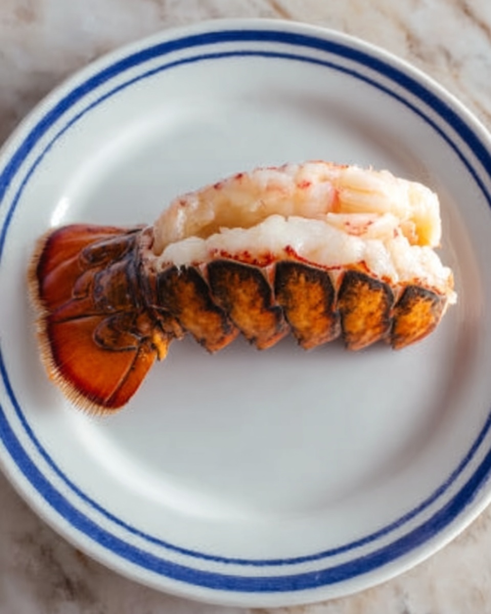 The image shows a single lobster tail placed in the center of a white plate with blue rings around the edge. The lobster tail has a bright orange shell with black lines, and the meat on top is white with a slight pink tint. The plate sits on a white marbled surface. photo taken with an iphone --ar 4:5 --v 7