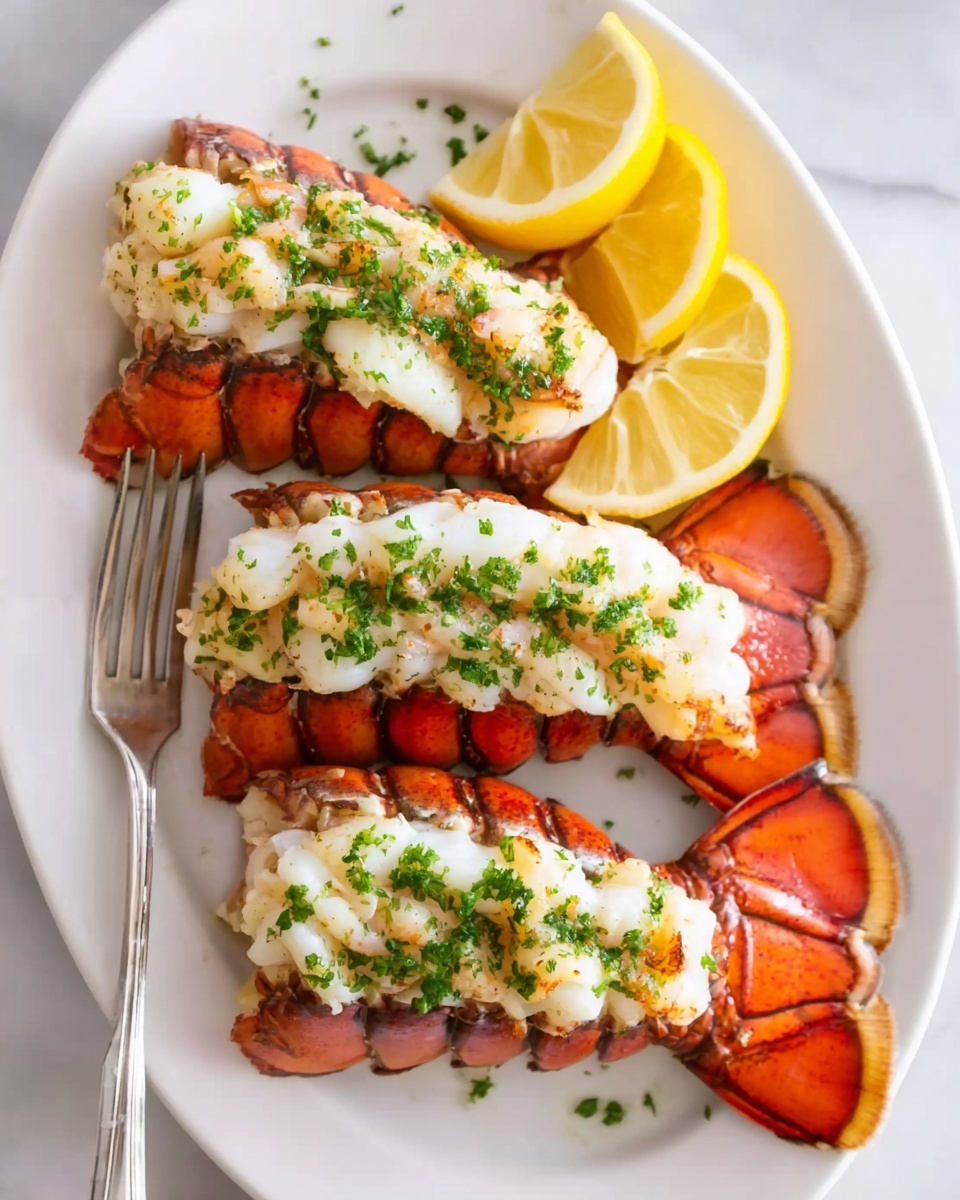 The image shows three lobster tails placed side by side on a white oval plate. Each lobster tail has bright red shells at the bottom, topped with a creamy white layer of cooked lobster meat that looks soft and tender. The meat is covered with small green herb pieces, giving a fresh look. On the right side of the plate, there are three lemon slices, one whole round slice and two wedges, bright yellow and fresh. The plate sits on a white marbled surface, and a silver fork is visible at the bottom left edge of the image. photo taken with an iphone --ar 4:5 --v 7