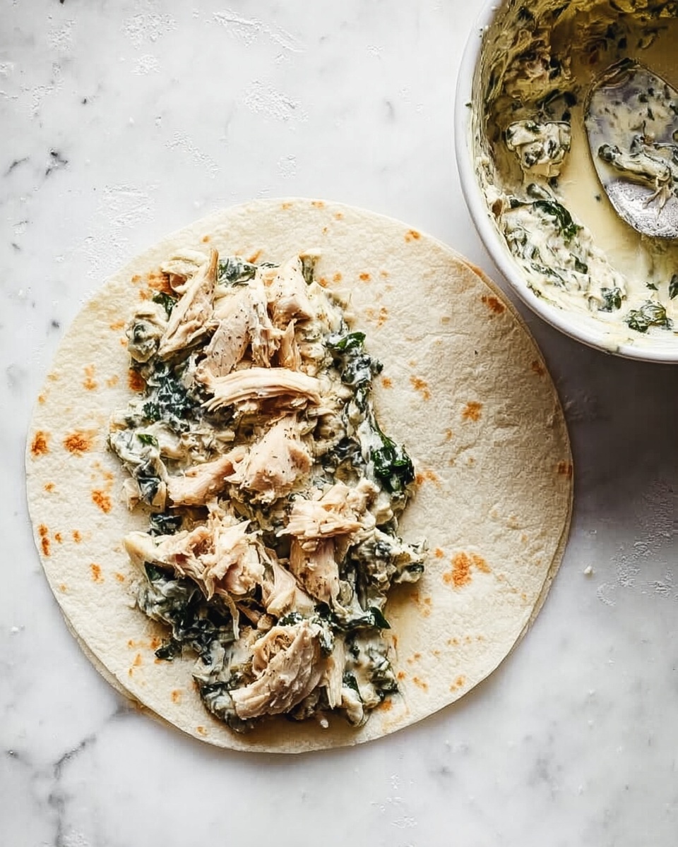 A white tortilla lies flat on a white marbled surface, topped on the left half with two layers: the bottom layer is a creamy green mixture speckled with dark green leafy bits, and on top are pieces of light brown shredded chicken spread unevenly. To the upper right, a white bowl contains more of the creamy green mixture, with a silver spoon resting inside, some mixture clinging to the sides. The scene is lit softly from above, showcasing the textures of the soft tortilla, creamy filling, and tender chicken. photo taken with an iphone --ar 4:5 --v 7