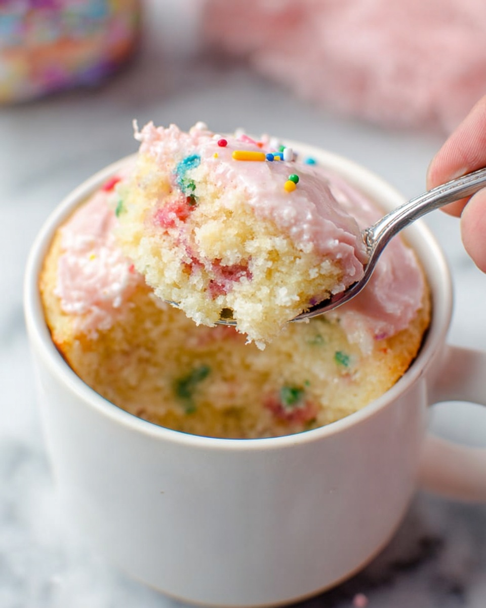 A white cup filled with a single layer of light yellow cake topped with colorful rainbow sprinkles spread evenly over the surface, with more sprinkles scattered around the cup on a white marbled texture background photo taken with an iphone --ar 4:5 --v 7
