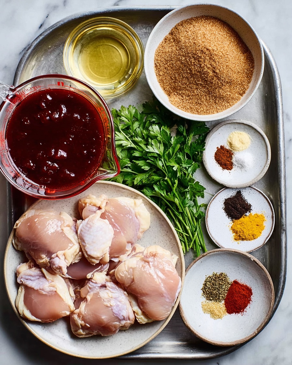 The image shows a metal tray with various ingredients arranged neatly. On the bottom right, there is one white plate filled with five raw chicken thighs, light pink with smooth texture. Above the plate to the right, fresh green parsley leaves lie on the tray. Nearby, a small white round dish holds colorful spices, arranged in small piles: white salt, light yellow powder, brown sugar, red chili powder, beige powder, and black pepper. Next to it, two small clear bowls contain yellow and light golden oils. On the top left side of the tray, a small white bowl is filled with brown sugar, rough and crumbly. In the foreground to the left, a woman's hand is holding a clear glass measuring cup with thick red barbecue sauce, glossy and rich, positioned to pour into the tray. The background is a white marbled texture. Photo taken with an iphone --ar 4:5 --v 7