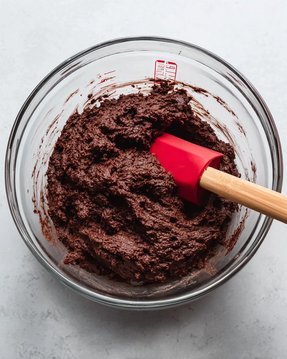 A clear glass mixing bowl sits on a white marbled surface, filled halfway with thick, dark brown dough that has a slightly rough texture with small visible chunks. A red silicone spatula with a wooden handle is partly submerged in the dough, angled towards the right side of the bowl. The dough looks dense and rich, and the bowl's measurement marks are faintly visible on the side. Photo taken with an iphone --ar 4:5 --v 7