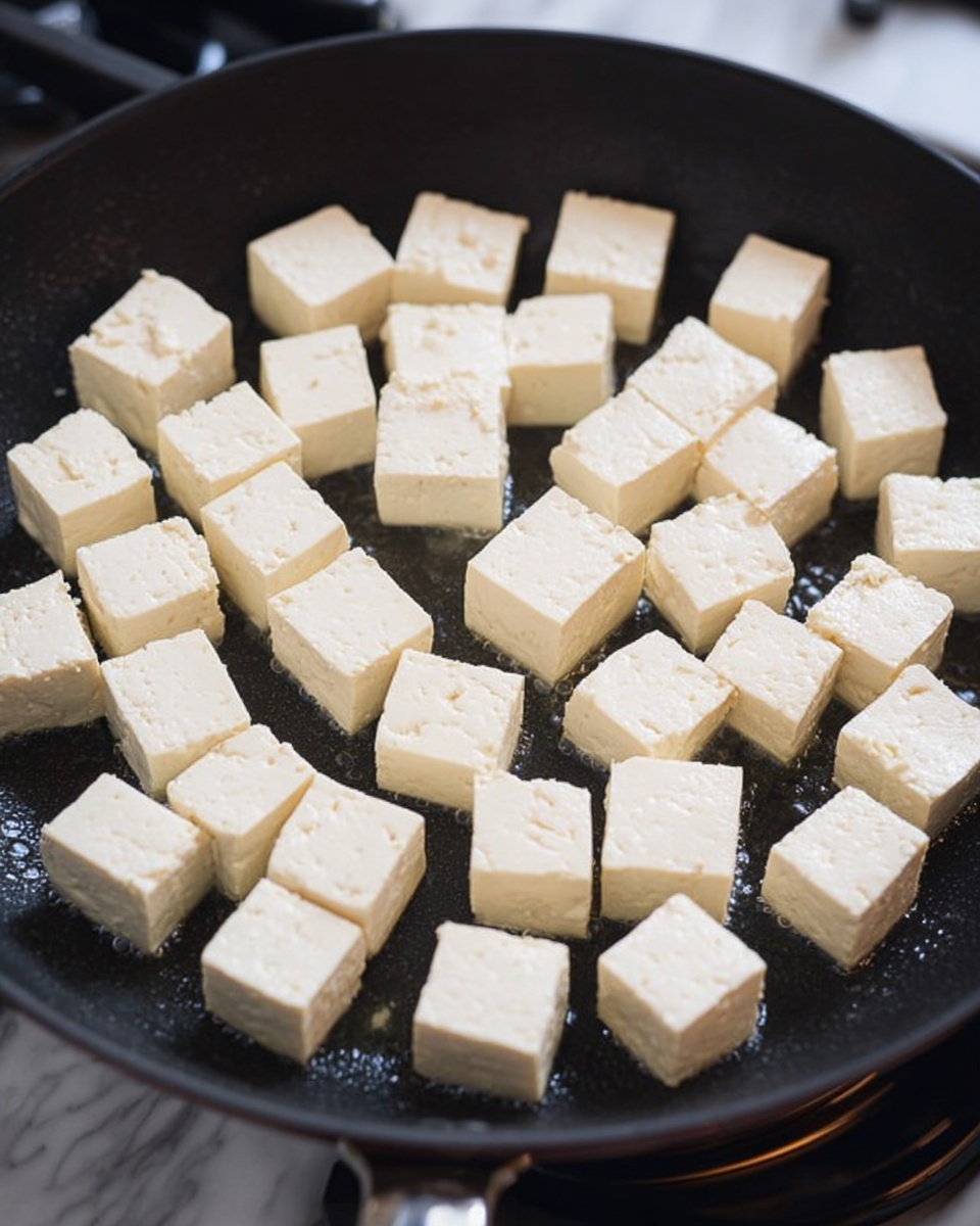In a black frying pan, there are many small white tofu cubes spread out evenly, filling the entire pan. The tofu cubes have a smooth, slightly wet surface with soft edges, and they are arranged in close rows, closely packed but not stacked. The frying pan is on a stove top, with a bit of oil around the tofu pieces making the surface glisten. The background is a white marbled texture. photo taken with an iphone --ar 4:5 --v 7