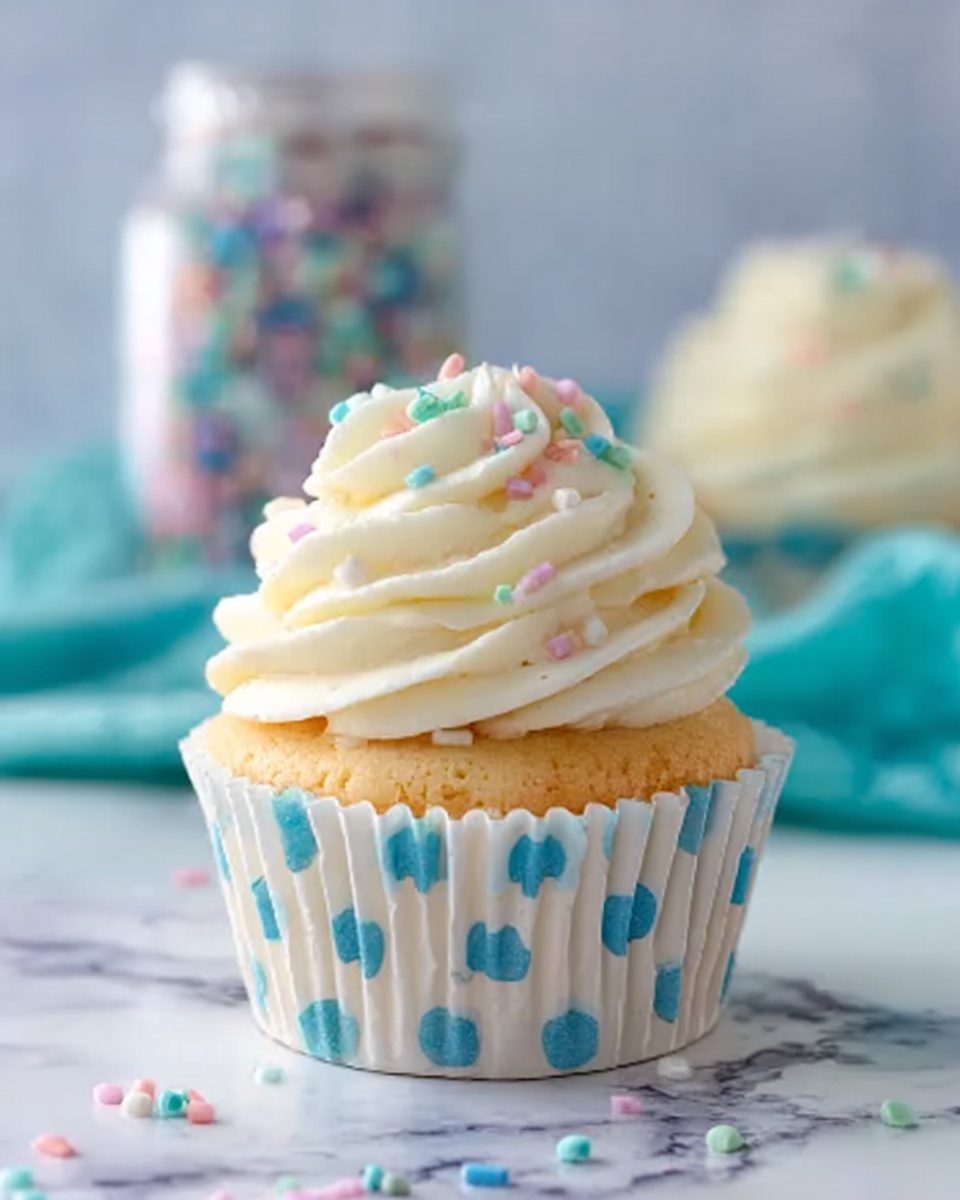 A single cupcake in a white cupcake liner with blue and white polka dots sits on a white marbled surface. The cupcake has a light golden-yellow base topped with a thick swirl of creamy white frosting that looks soft and smooth. Small pastel-colored sprinkles in pink, blue, and green are scattered lightly on top of the frosting and around the base on the surface. A blurred jar with more colorful sprinkles and a second cupcake in a matching liner are in the background. The photo taken with an iphone --ar 4:5 --v 7