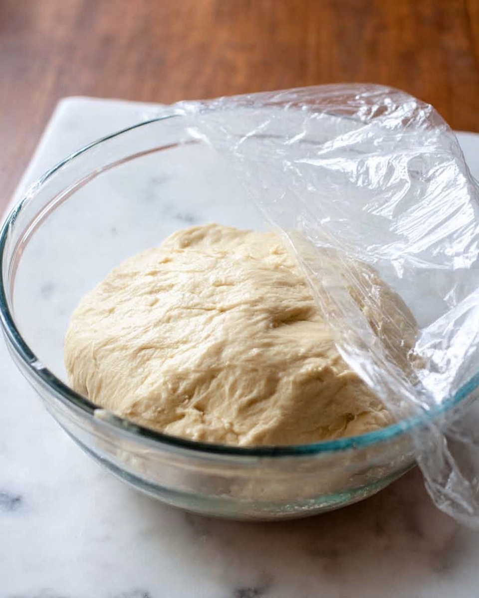 A clear glass bowl sits on a white marbled surface, holding a pale beige dough that looks soft and slightly sticky, filling almost half the bowl. The dough’s texture shows small uneven bumps and folds, indicating it has risen a bit. A partially peeled clear plastic wrap rests on the right side of the bowl, loosely covering the dough, with some edges lifted. The background is softly blurred wooden tones, contrasting with the bright white marbled surface. Photo taken with an iphone --ar 4:5 --v 7