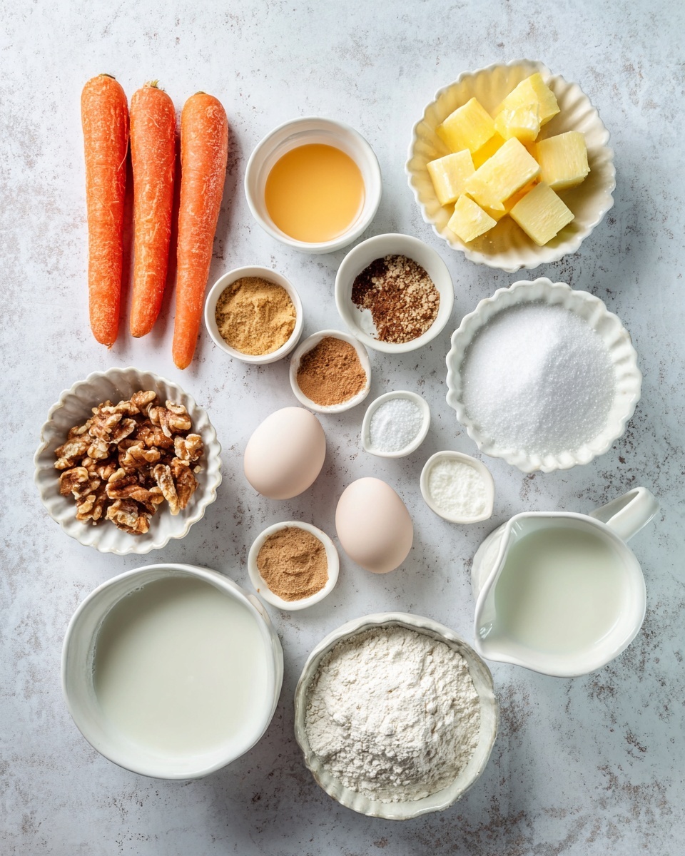 A white marbled surface holds an array of baking ingredients arranged neatly: three whole orange carrots on the left, next to a small white bowl filled with yellow crushed pineapple. Nearby, a cluster of walnut halves sits beside a small white dish with light and dark brown spices. A scallop-edged white bowl holds pale yellow cubes of butter. Moving rightward, there are two eggs in a small white ridged bowl, a small white cup of light golden liquid, and another small white bowl containing salt. A medium-sized white bowl contains white powdered sugar, and to its right is a white creamer filled with milk. More small white bowls form a cluster, including one with white yogurt and one with a small amount of white baking soda. Below these, a larger white bowl contains light brown sugar and another large white bowl at the bottom is filled with white flour. The light and textures are soft and natural. Photo taken with an iphone --ar 4:5 --v 7
