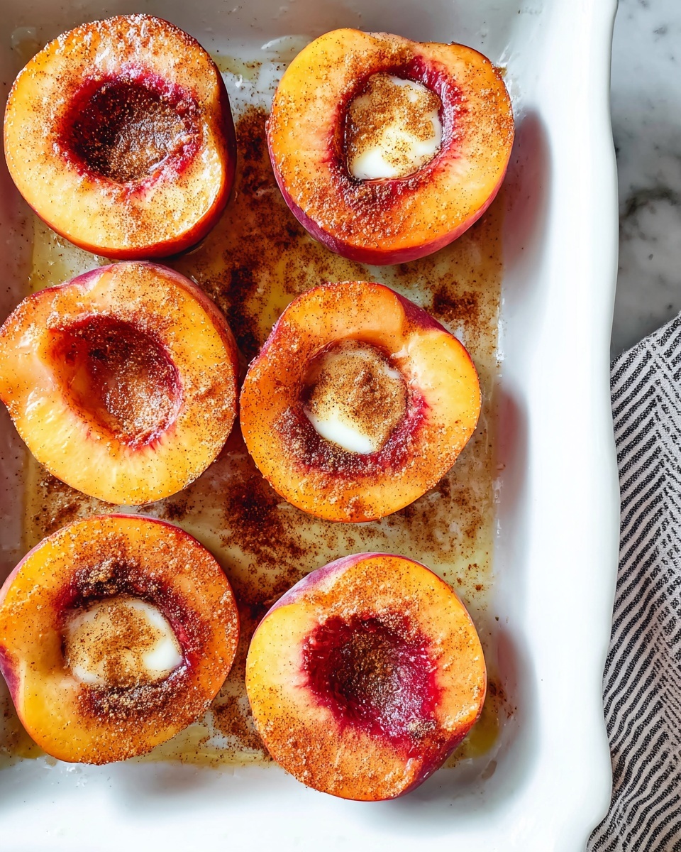 A white rectangular dish holds seven peach halves arranged closely together. Each peach half has a deep reddish-orange color around the pit area with a soft orange gradient fading outward. In the center of each hollow pit, there is a small round dollop of melting butter, surrounded by a sprinkle of brown spice powder, likely cinnamon, that lightly dusts the peach surfaces. The dish also shows some melted butter and spice residue pooling slightly under and between the peach halves. The dish is placed on a white marbled surface with a striped cloth partially visible on the right side. photo taken with an iphone --ar 4:5 --v 7