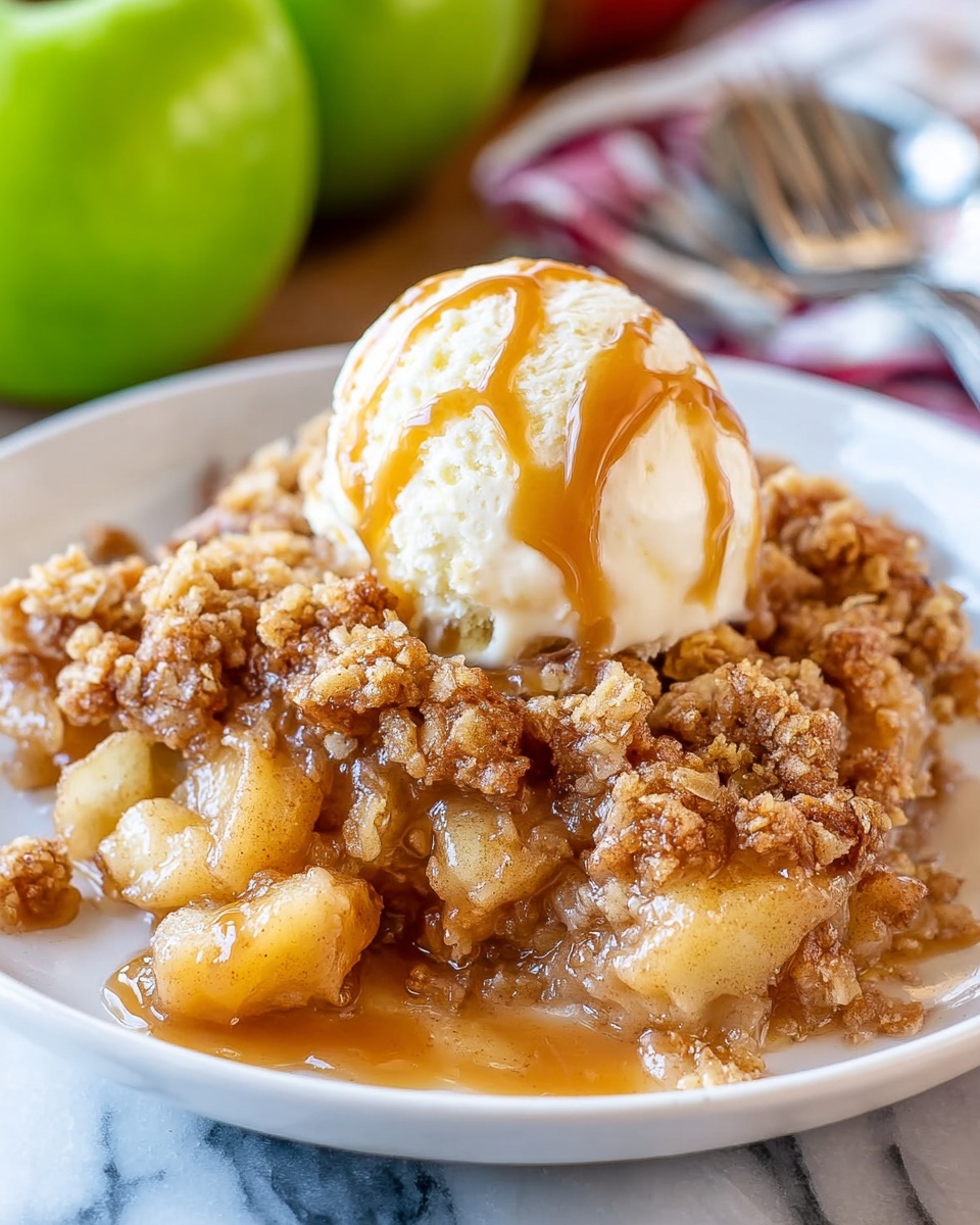 The image shows a white plate with three main layers: a bottom layer of soft, warm apple chunks coated in a light, sticky caramel sauce speckled with cinnamon, a middle layer of crumbly, golden brown streusel topping with a slightly crunchy texture, and a top layer of creamy vanilla ice cream drizzled with smooth caramel sauce. The plate is placed on a white marbled surface, and in the background there are blurred green apples and a silver fork. Photo taken with an iphone --ar 4:5 --v 7
