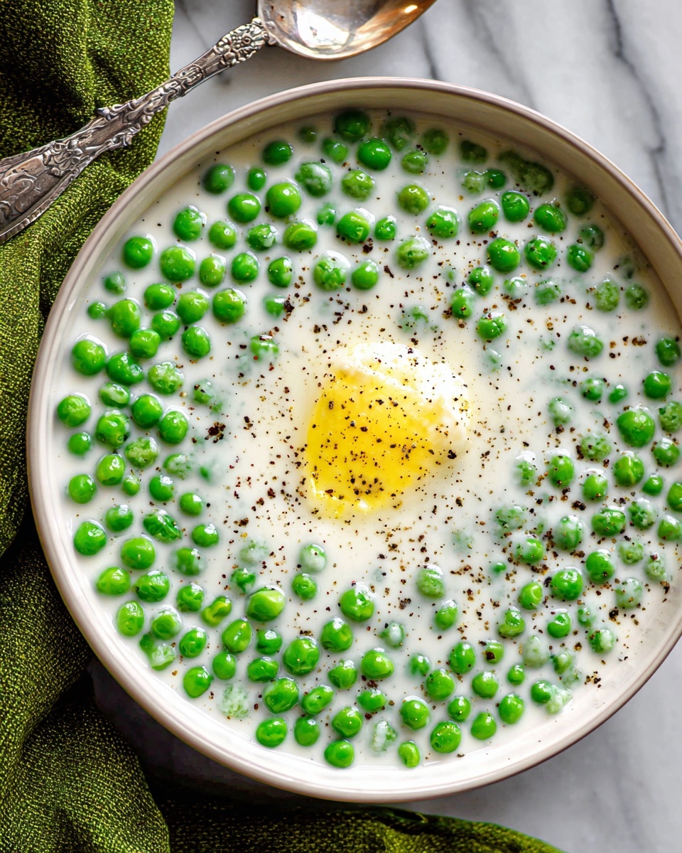 A close-up image of a creamy green pea dish in a round white bowl. The dish has one layer showing bright green peas covered in a smooth, thick white sauce. In the middle, there is a melting yellow butter pat sprinkled with black pepper that lightly spreads into the sauce around it. The bowl is placed on a white marbled surface, accompanied by a decorative silver spoon and a green cloth in the background. Photo taken with an iphone --ar 4:5 --v 7
