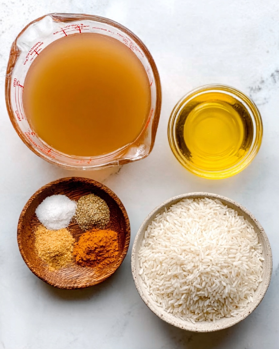 The image shows a clear glass measuring cup filled with light brown broth on the top left. To the right of it is a small wooden bowl holding three small piles of spices in white, light beige, and orange colors. Below these, there is a white bowl filled with white rice grains and next to it on the right is a small clear glass bowl with golden yellow oil. All items are placed on a white marbled surface. Photo taken with an iphone --ar 4:5 --v 7