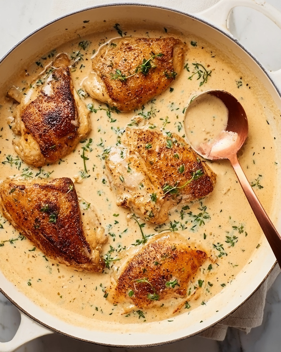 A white pan filled with four browned cooked chicken pieces partially covered with thick, creamy beige sauce. Small green herbs are scattered on top of the sauce and chicken. A copper spoon is resting in the sauce on the right side of the pan. The pan is set on a white marbled surface. photo taken with an iphone --ar 4:5 --v 7