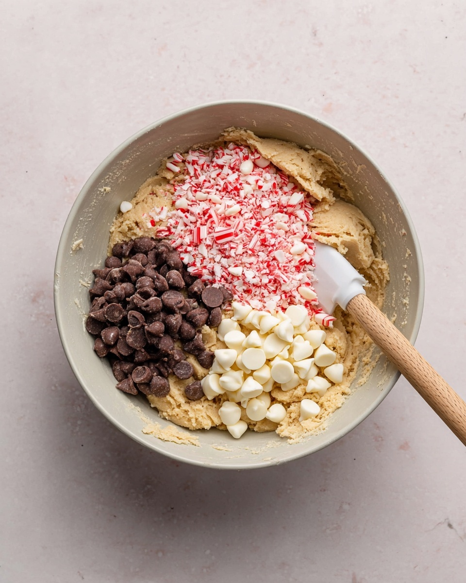 A white bowl holds a beige, soft dough mixture at the bottom with three separate piles on top: dark brown chocolate chips at the bottom left, white chocolate chips at the top right, and red and white crushed peppermint candy pieces between them. A spatula with a wooden handle and a white silicone head is placed inside the bowl, partially buried in the dough. The bowl is set on a white marbled surface. photo taken with an iphone --ar 4:5 --v 7