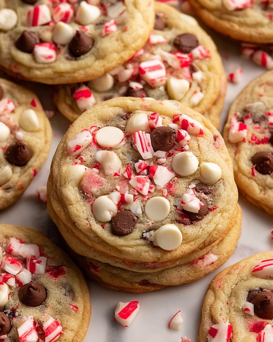 A close-up view of round soft cookies stacked closely on a white marbled surface, each cookie showing a light golden-brown dough base embedded with layers of dark brown chocolate drops, creamy white chocolate drops, and scattered bright red and white broken peppermint candy pieces, giving a festive look with uneven but dense texture on top, where chocolate drops are smooth and shiny, and peppermint pieces have sharp edges with striped patterns, photo taken with an iphone --ar 4:5 --v 7