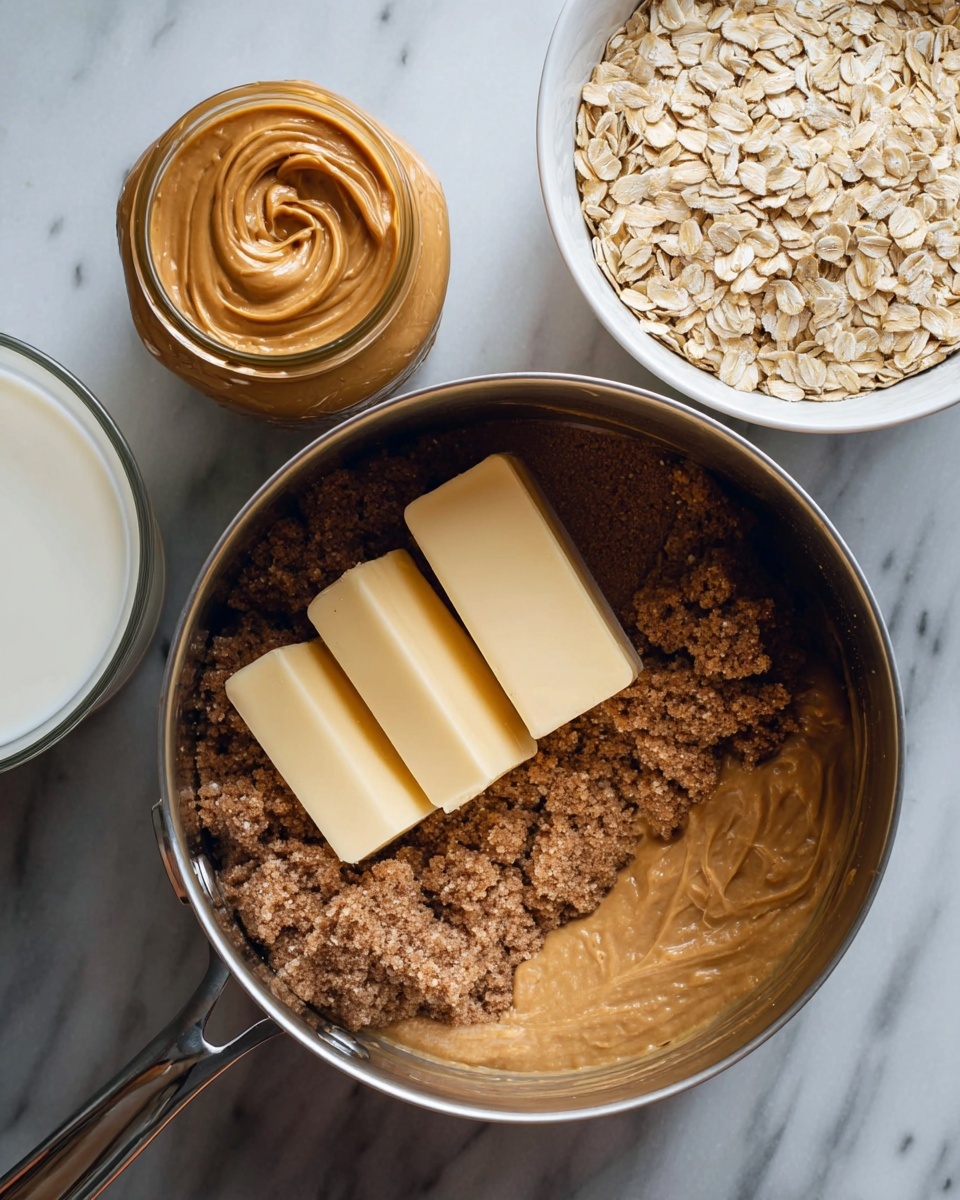 The image shows a stainless steel pot filled with three layers of ingredients: the bottom layer is a smooth, light brown paste, the middle layer is a crumbly, darker brown sugar, and the top layer consists of three thick, rectangular pieces of pale yellow butter arranged on one side. Surrounding the pot are a jar of peanut butter with a smooth, light brown swirl visible at the top, a glass of milk with an off-white color in a transparent container, and a white bowl filled with light tan rolled oats. All items sit on a white marbled surface. photo taken with an iphone --ar 4:5 --v 7