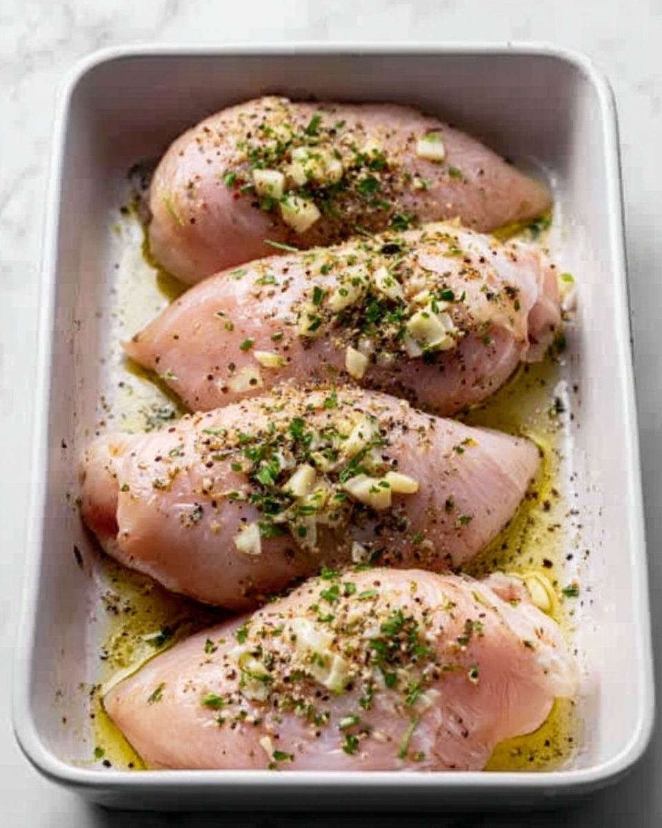 The image shows four raw chicken pieces placed in a white rectangular baking dish on a white marbled surface. Each chicken piece is pale pink with small pieces of garlic and green herbs sprinkled evenly on top. There are visible black pepper specks and some olive oil shining slightly on the chicken's smooth texture. The chicken pieces are arranged close to each other in two rows. The whole dish has a fresh and simple look. photo taken with an iphone --ar 4:5 --v 7