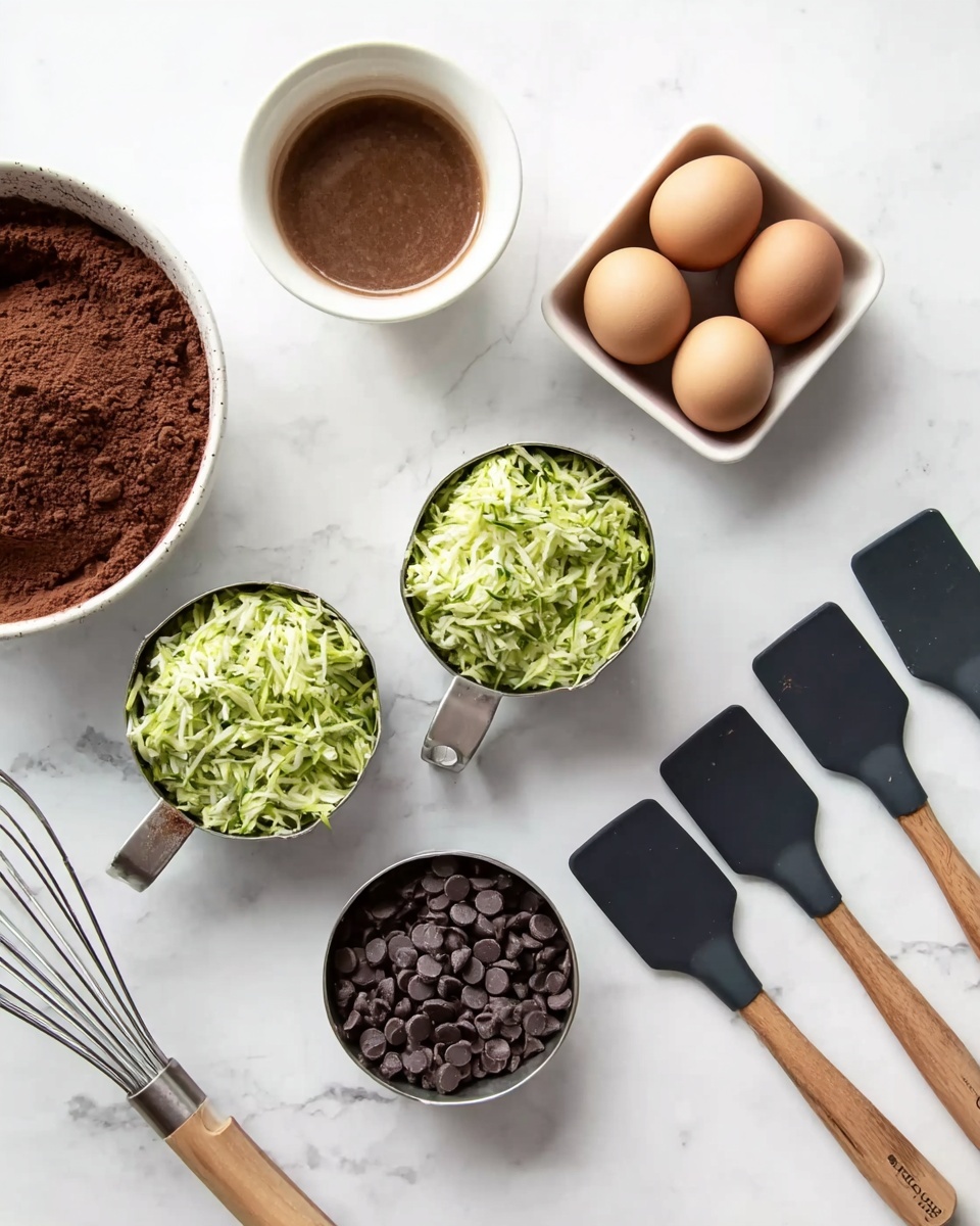 The image shows a white bowl with a cocoa powder mixture and a whisk inside on the bottom left, next to another white bowl with a brown liquid mixture. Above them is a white square bowl holding five brown eggs. Near the center, two metal measuring cups with wooden handles contain shredded green zucchini. Below these cups, a small metal bowl is filled with dark chocolate chips. On the right side, there are six black silicone spatulas with wooden handles lined up vertically on a white marbled surface. photo taken with an iphone --ar 4:5 --v 7