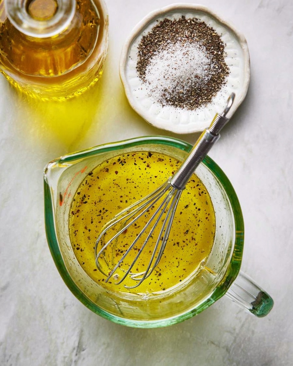 The image shows a clear glass measuring cup filled with a yellow-green oil mixture that has tiny black specks floating in it, likely pepper. Inside the cup, a silver whisk is resting, partially submerged in the oily liquid. Above and to the left of the measuring cup is a clear glass bottle filled with olive oil, visible through its narrow neck. At the top center, there is a round white plate with coarse black and white salt piled in the middle. All items are placed on a white marbled surface. The photo taken with an iphone --ar 4:5 --v 7