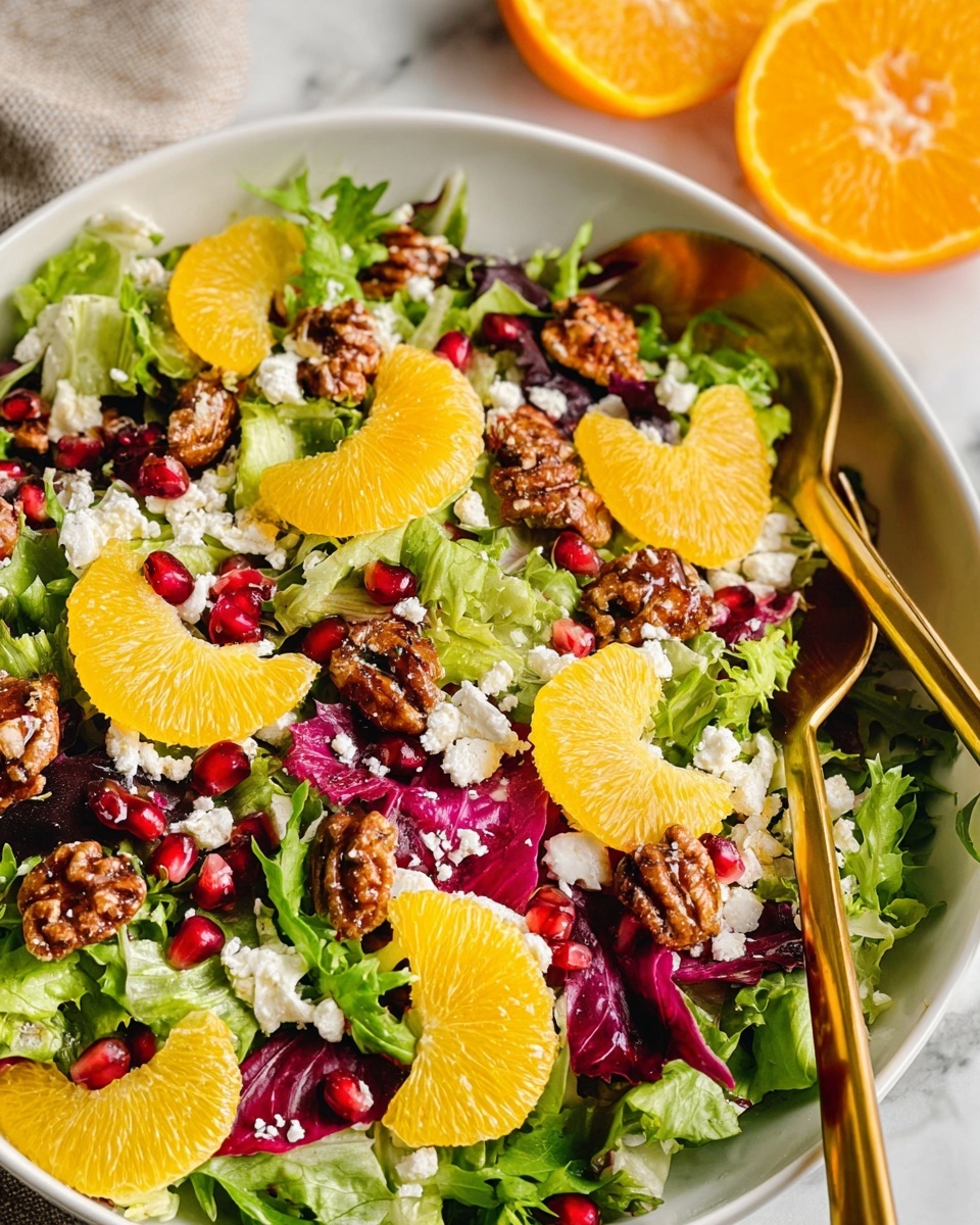A white bowl filled with a fresh salad on a white marbled surface with bright slices of yellow citrus fruit spread evenly on top. Underneath, there is a mix of green and purple leafy lettuce that creates a soft base. Scattered over the salad are small, deep red pomegranate seeds adding bright spots of color. There are medium brown candied nuts spread around the salad that appear crunchy. White, crumbled cheese dots the salad, giving a soft texture contrast. Two gold salad spoons rest on the edge and inside the bowl, adding a touch of elegance. In the background, there are two orange slices partially visible. Photo taken with an iphone --ar 4:5 --v 7